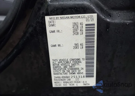 2019 Nissan Altima 2.5 Sv z USA, uszkodzony, nr VIN 1N4BL4DV6KC251318